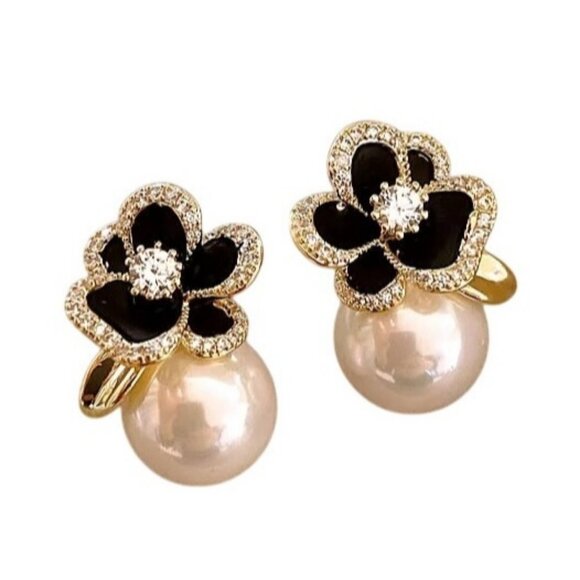 2/$24 Gold-Tone Black Floral Crystal & Pearl Dressy Black Drop Earrings - Picture 3 of 5